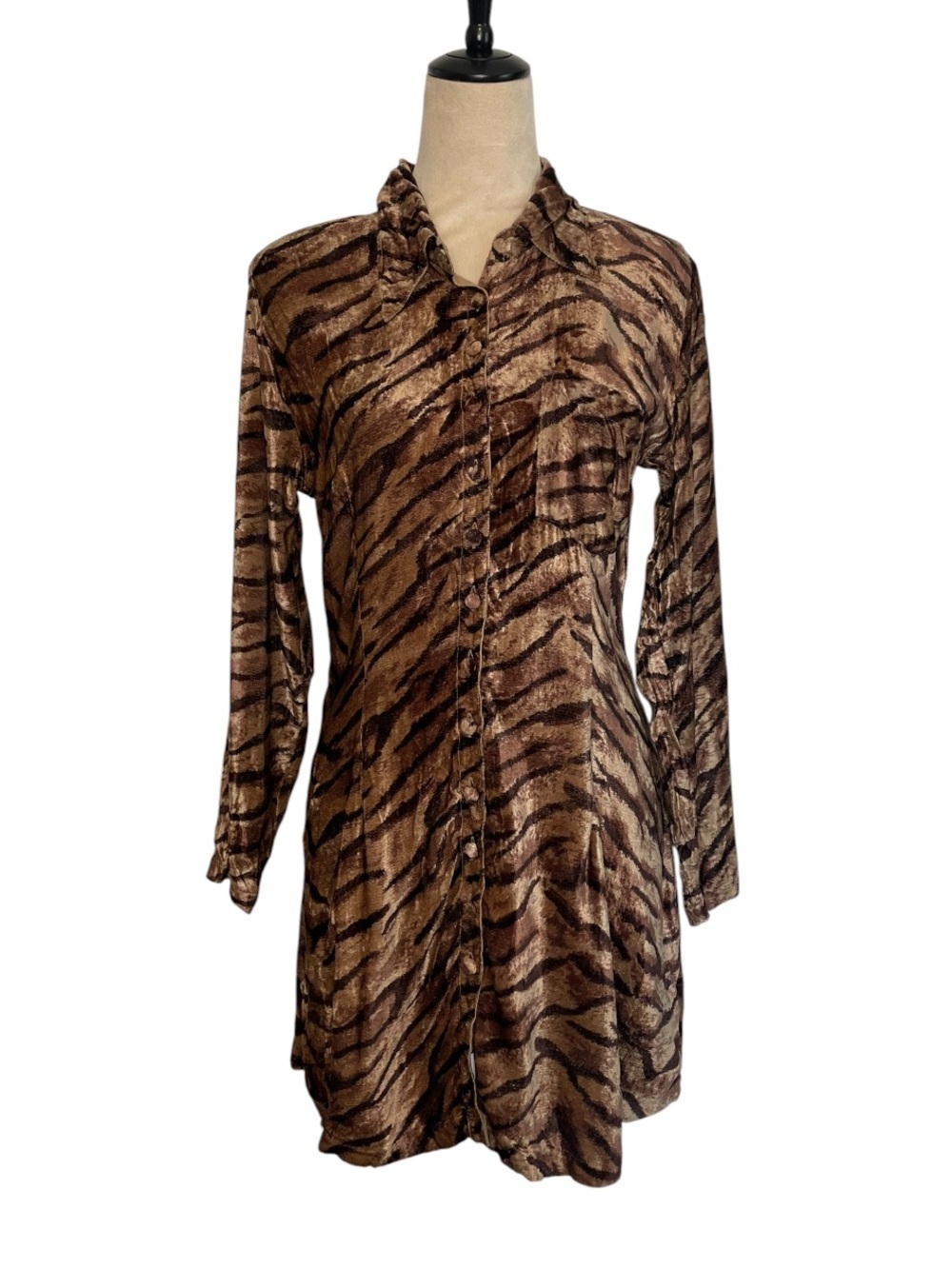Nostalgia Tiger Print Button Velvet Down Shirt Dress Size S NWT